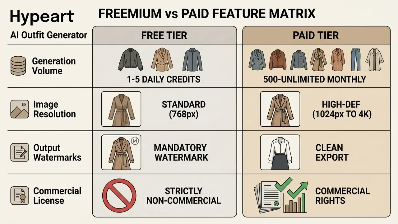 Comparison table contrasting free and paid service tiers by generation volume, resolution, and licensing