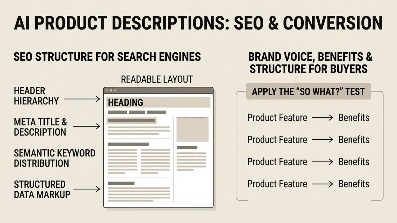 Infographic comparing SEO structural requirements with buyer-focused content strategies for product pages