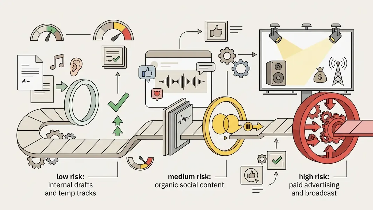 Conveyor belt moving through risk assessment stages for audio content from low to high