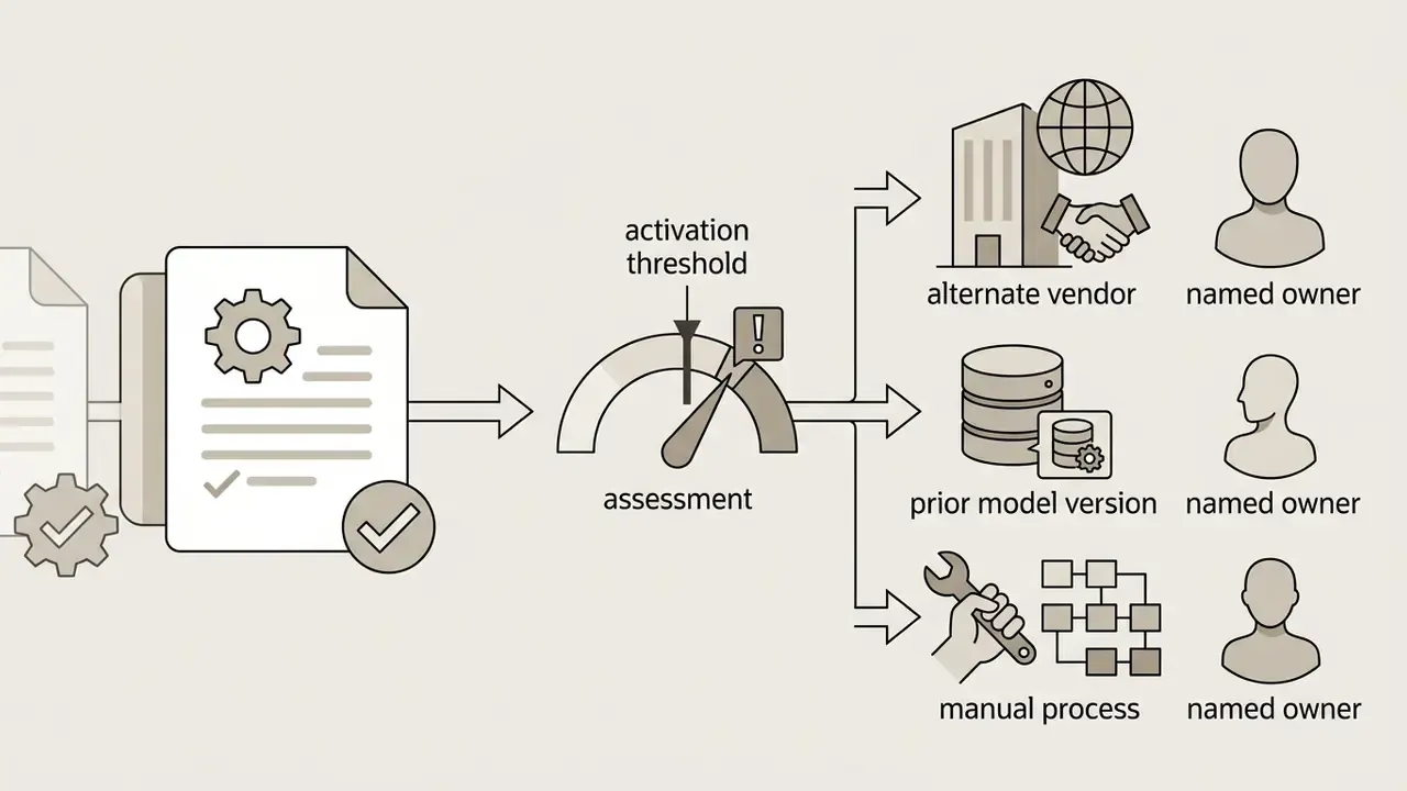 Flowchart showing an assessment threshold leading to alternate vendors, prior model versions, or manual processes