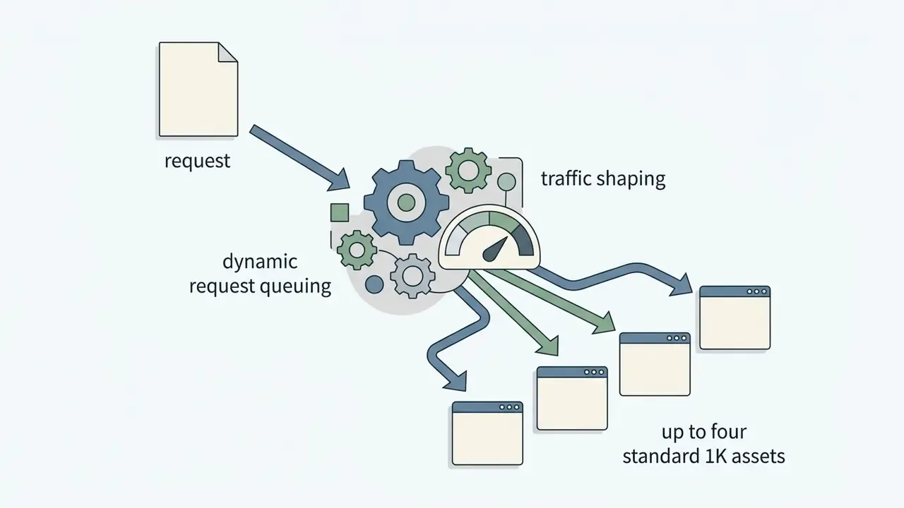 Request icon flowing into a gear mechanism with a speed gauge to generate four standard image assets