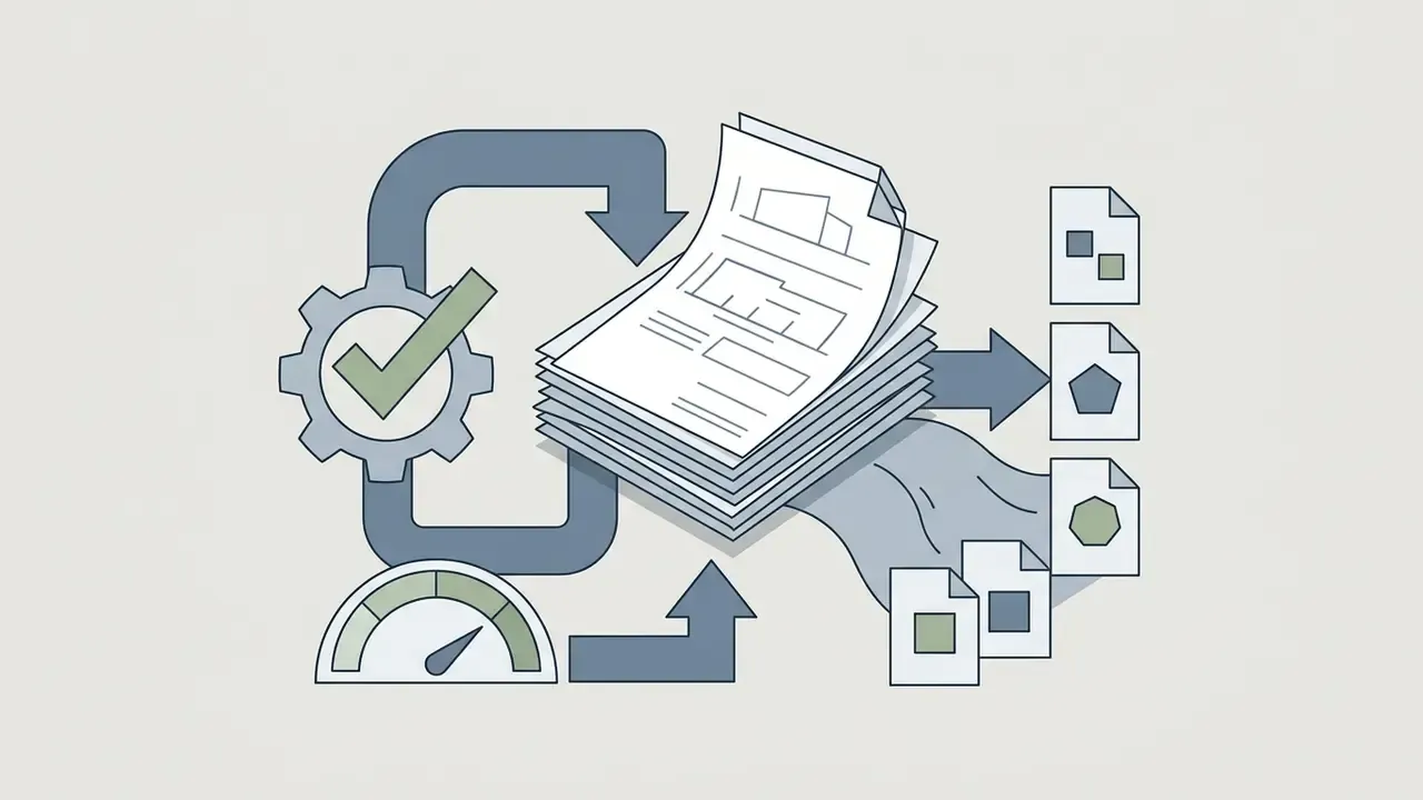 Stack of architectural documents being processed into multiple digital file formats for export