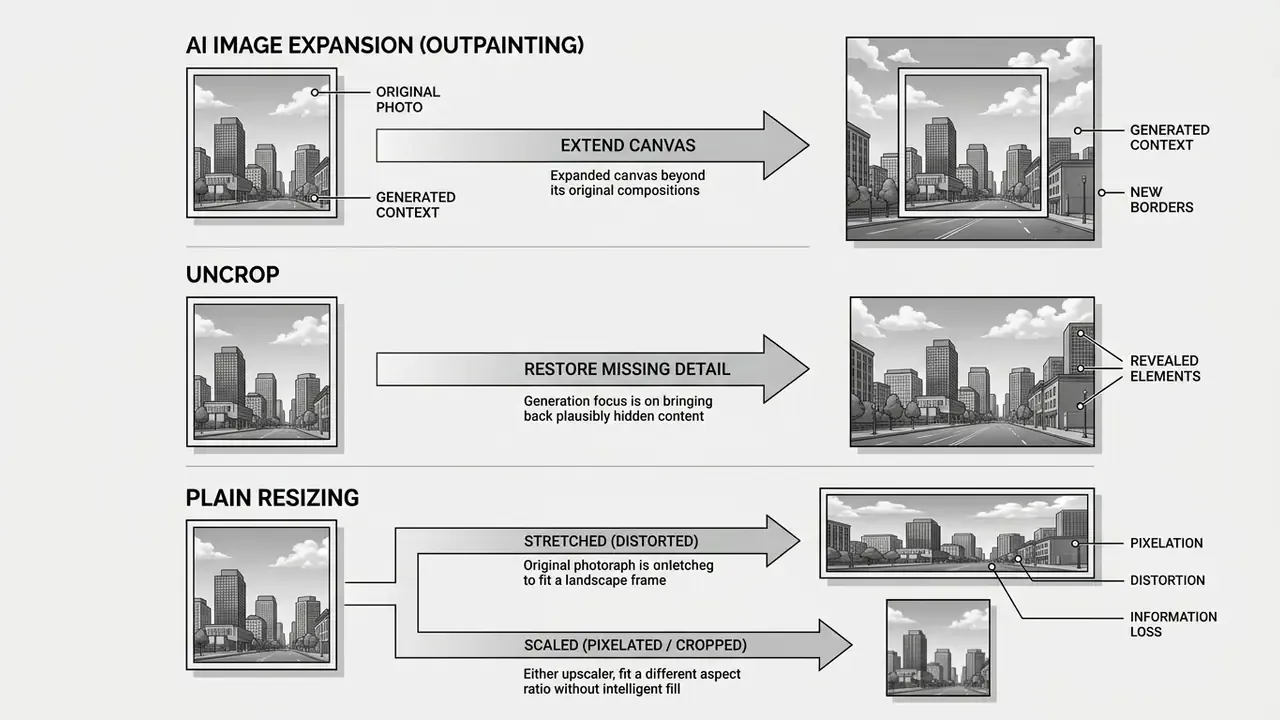 Flowchart comparing AI expand image techniques with uncropping and traditional scaling methods
