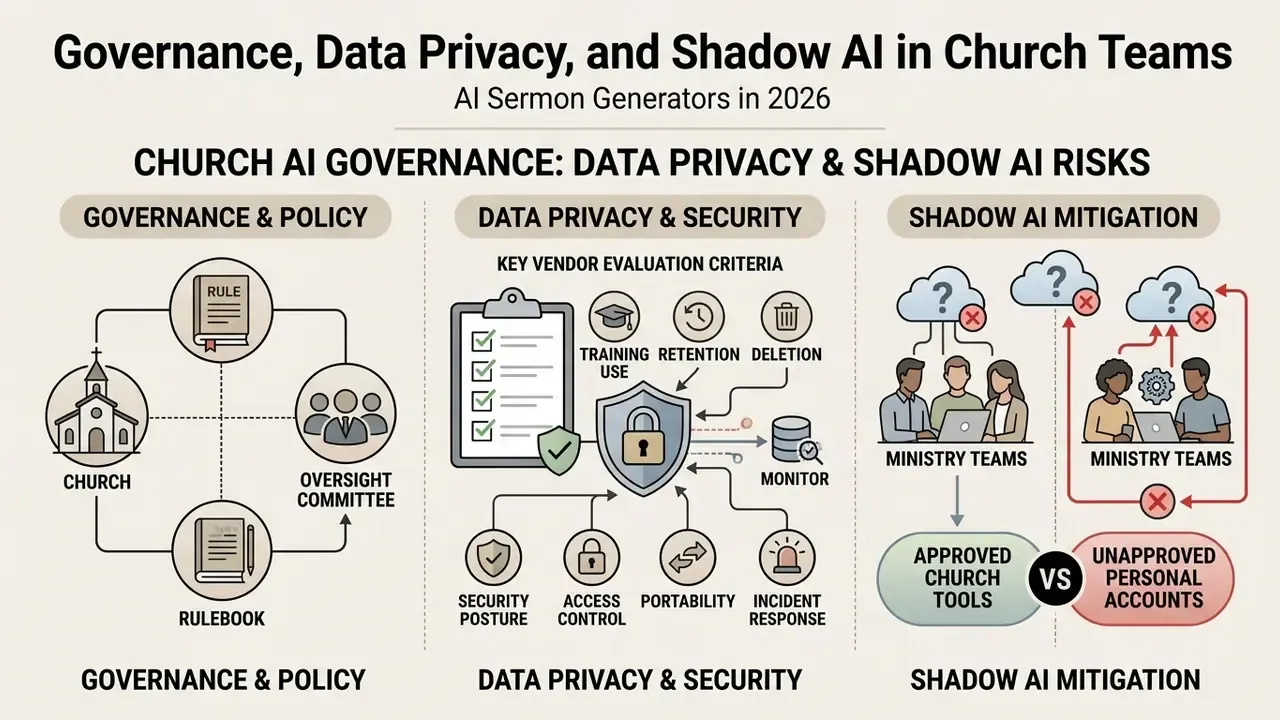 Infographic detailing church policy, vendor evaluation criteria, and strategies for shadow AI mitigation