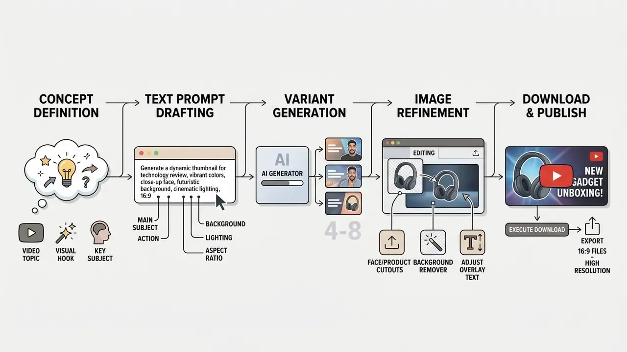 Linear diagram detailing five stages of content creation from initial concept to final file export