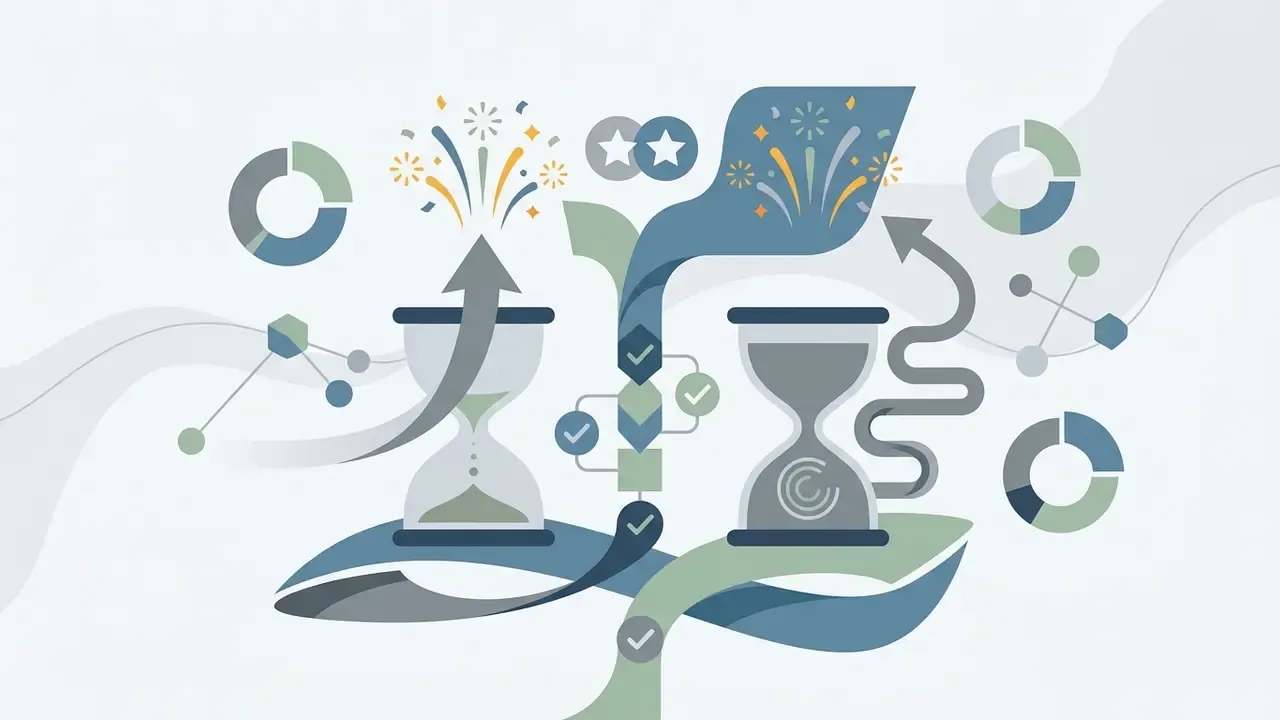 Hourglasses with fireworks and data charts representing time and celebration