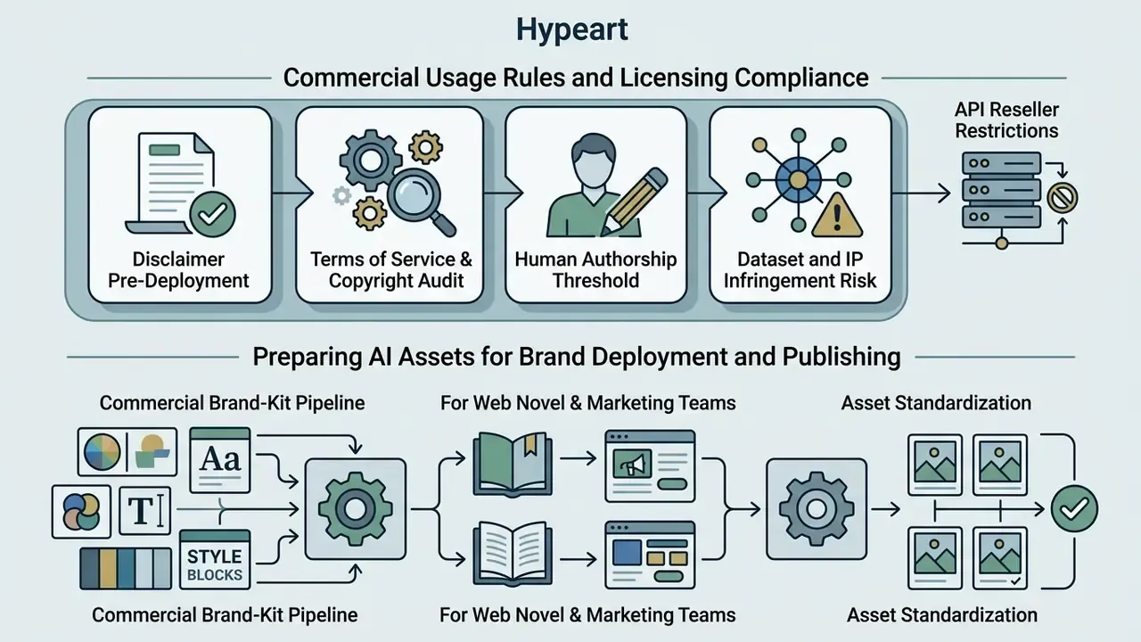 Two-tiered infographic showing legal compliance steps and a workflow for brand asset standardization