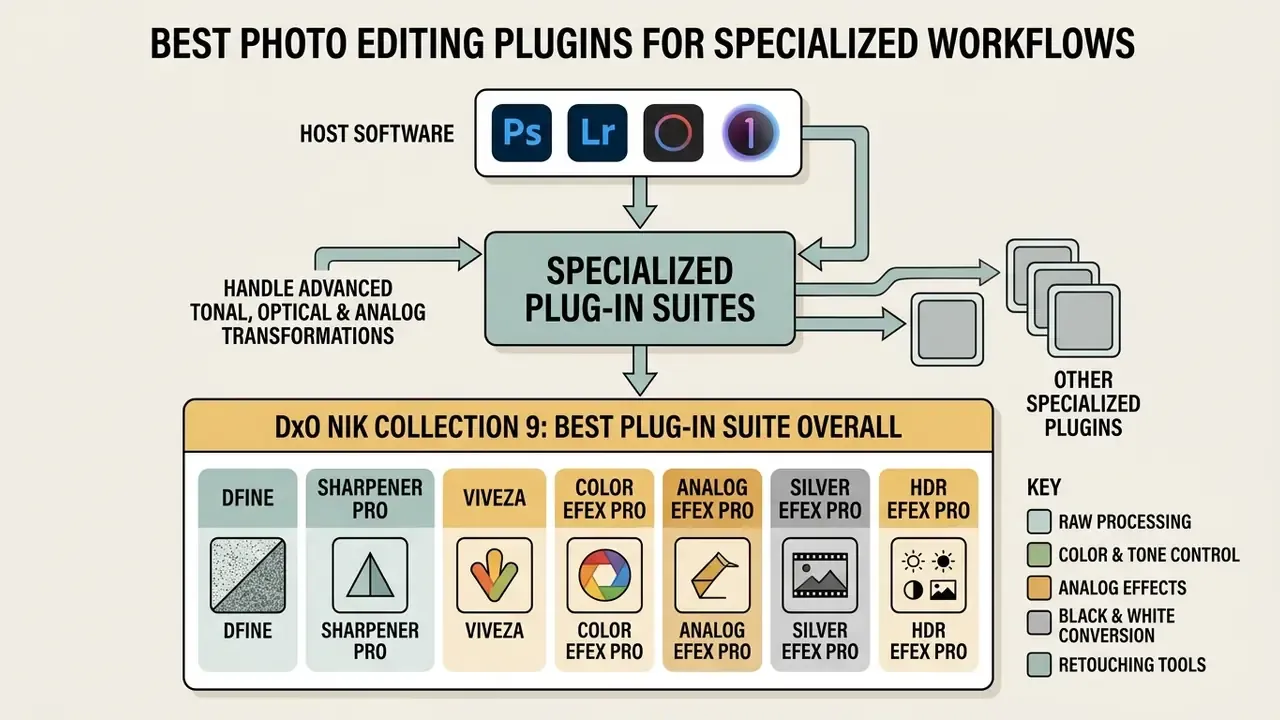 Flowchart showing how host software integrates specialized plug-in suites like DxO Nik Collection 9