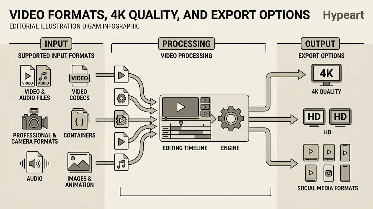 Diagram showing the workflow from various input file formats through editing to final export options