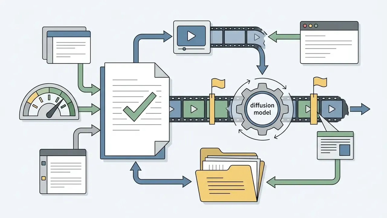 Diagram showing documentation inputs feeding into a diffusion model pipeline for OpenAI Sora video generation
