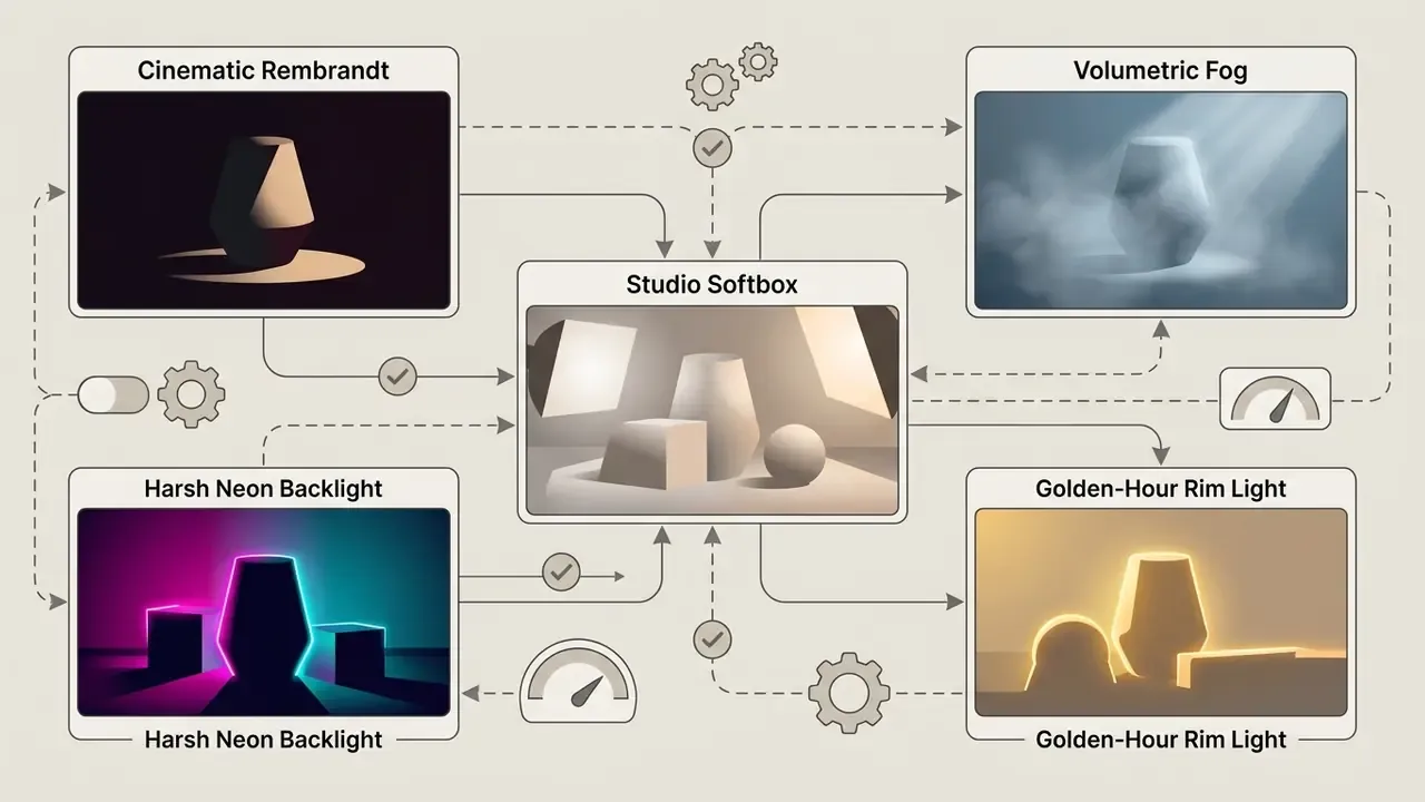 Network of lighting style previews connected by gears and gauges to a central studio softbox effect