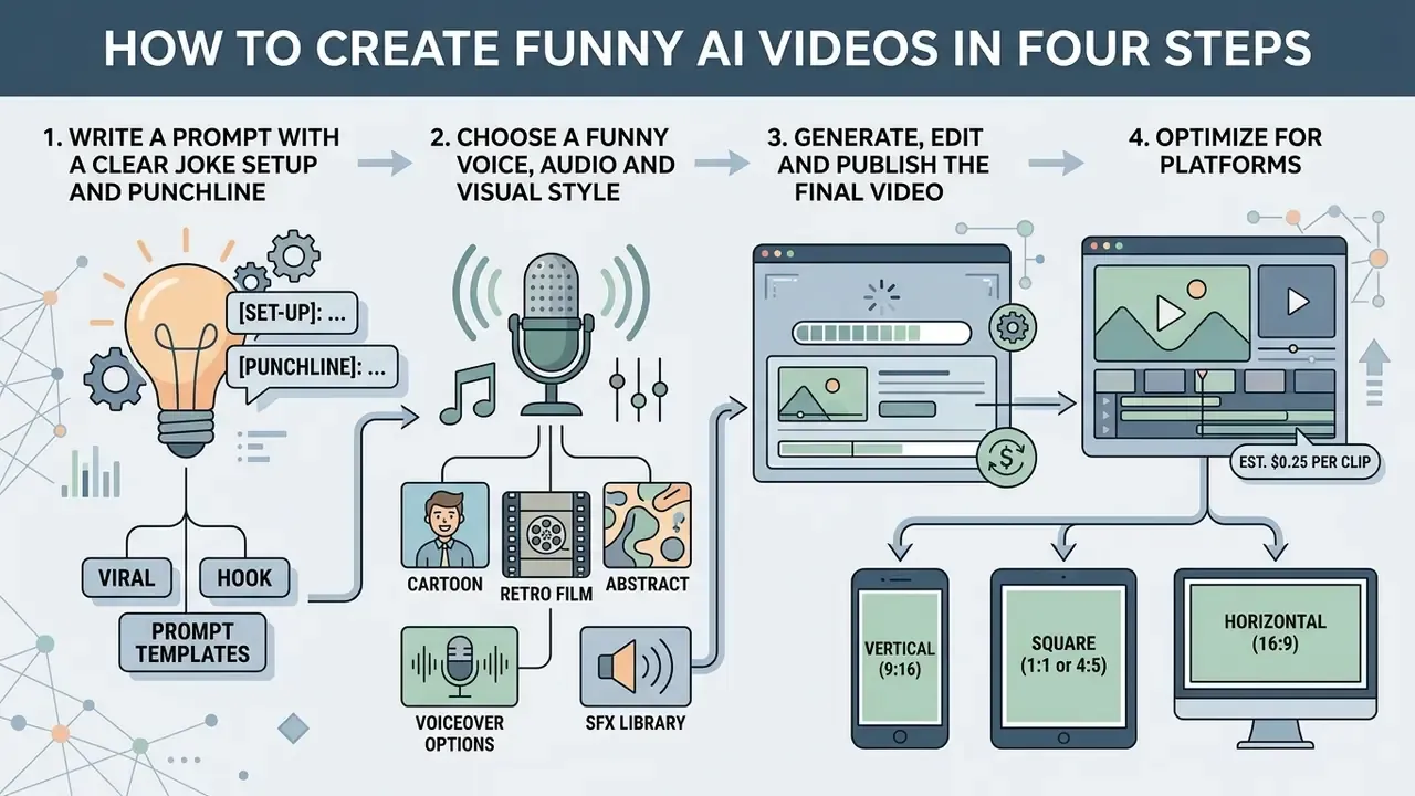 Four step workflow diagram for using a funny AI video generator to create and export social media content