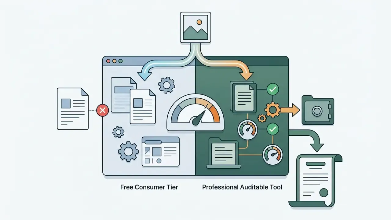 Split view comparing data processing paths between a free consumer tier and a professional auditable tool
