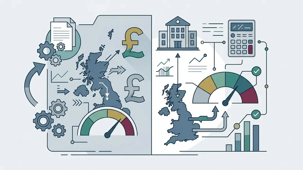 Map of the United Kingdom with currency symbols, gauges, and icons representing office and financial data