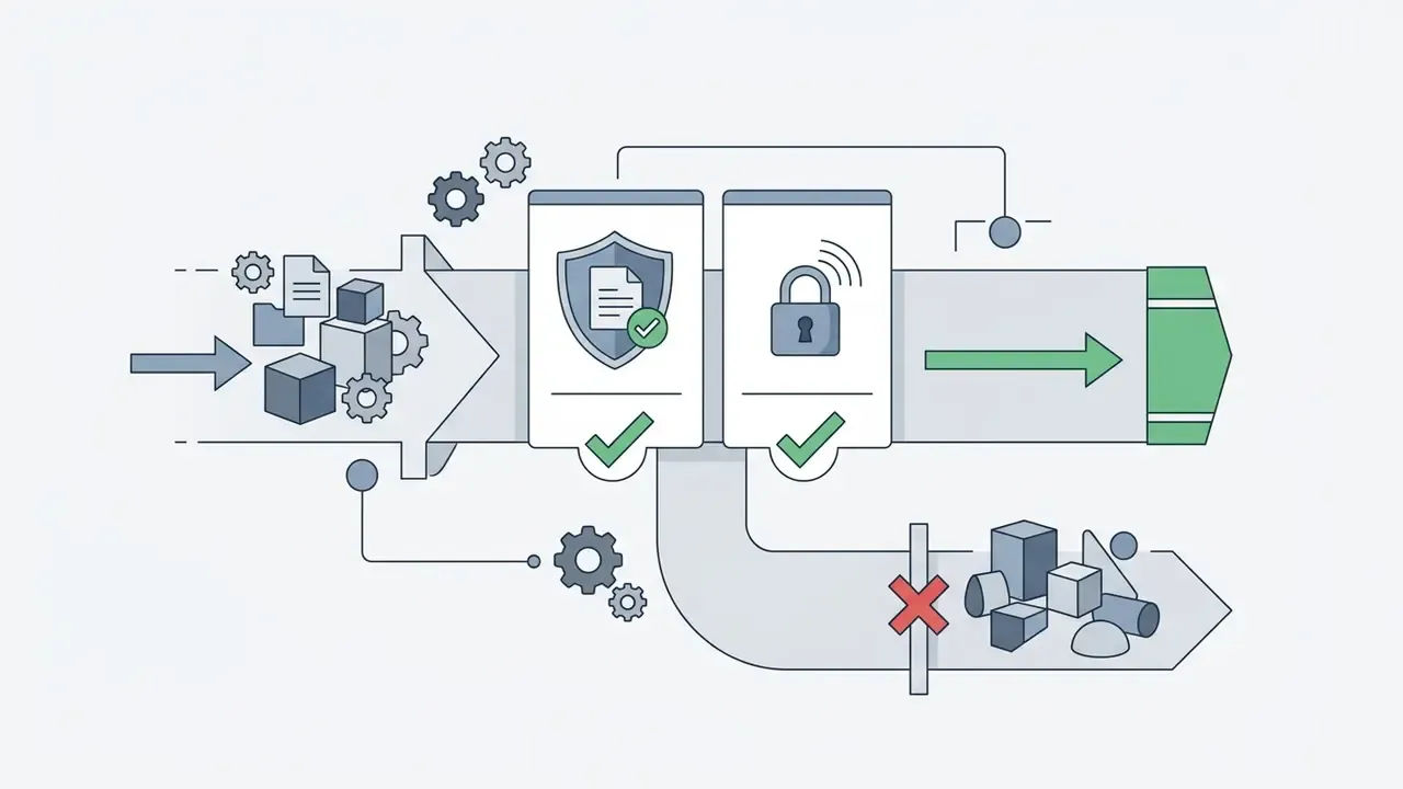 Pipeline filtering data assets through security and encryption checkpoints to separate approved items