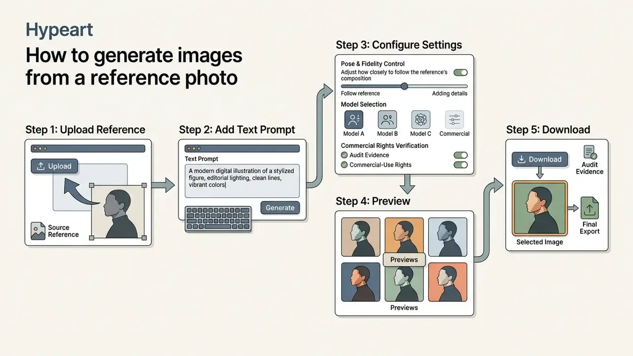 Five step process flow for an AI image generator using a reference photo to create new visuals