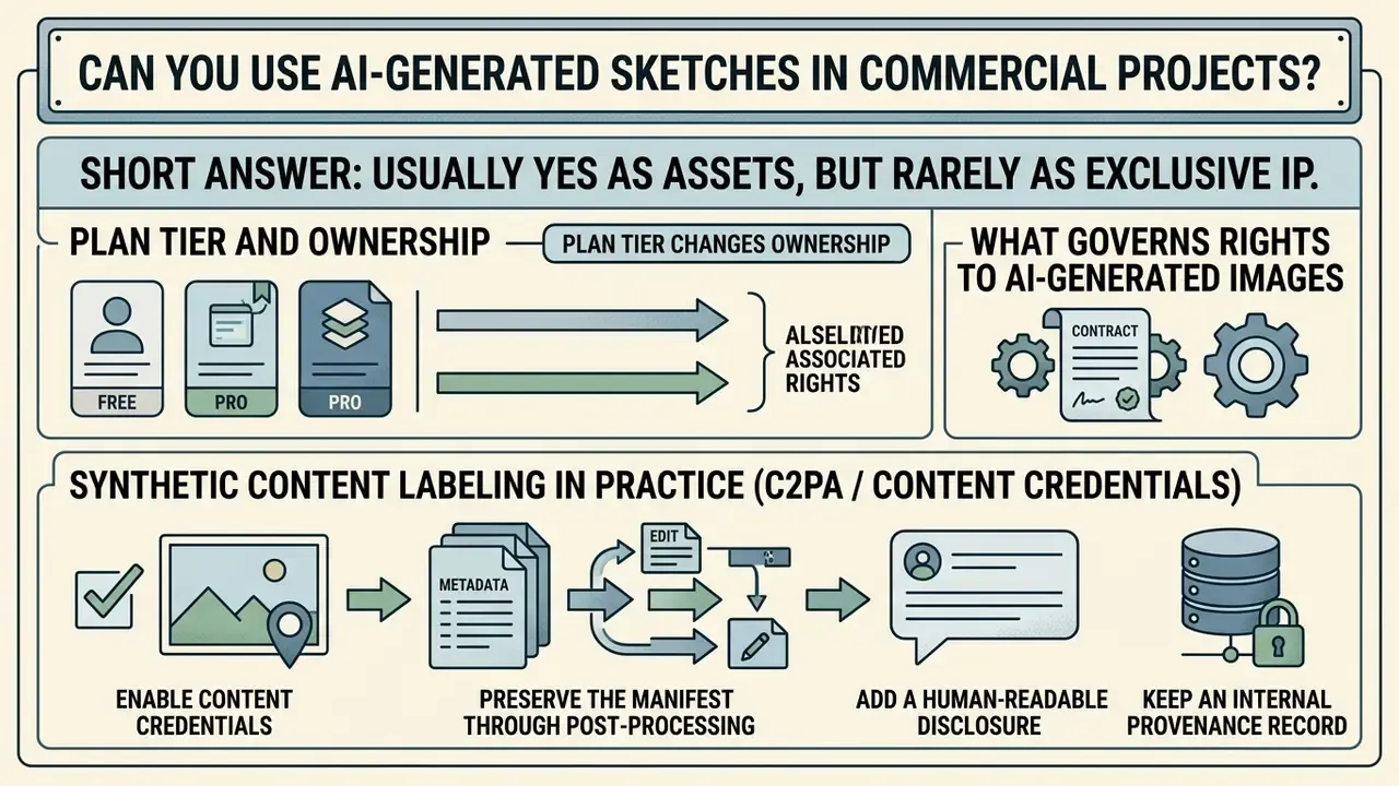 Summary of commercial rights, plan tiers, and synthetic content labeling practices for digital assets