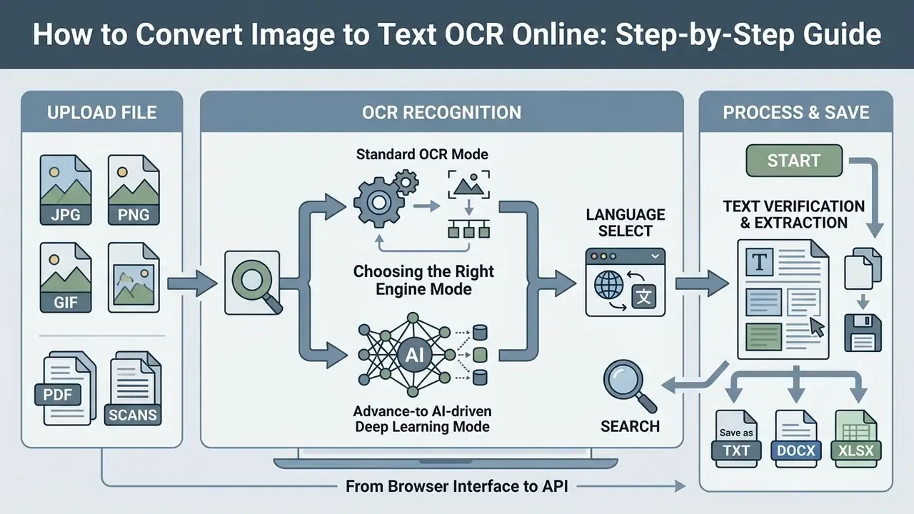 Flowchart detailing the steps to convert image to text via standard or AI-driven OCR modes