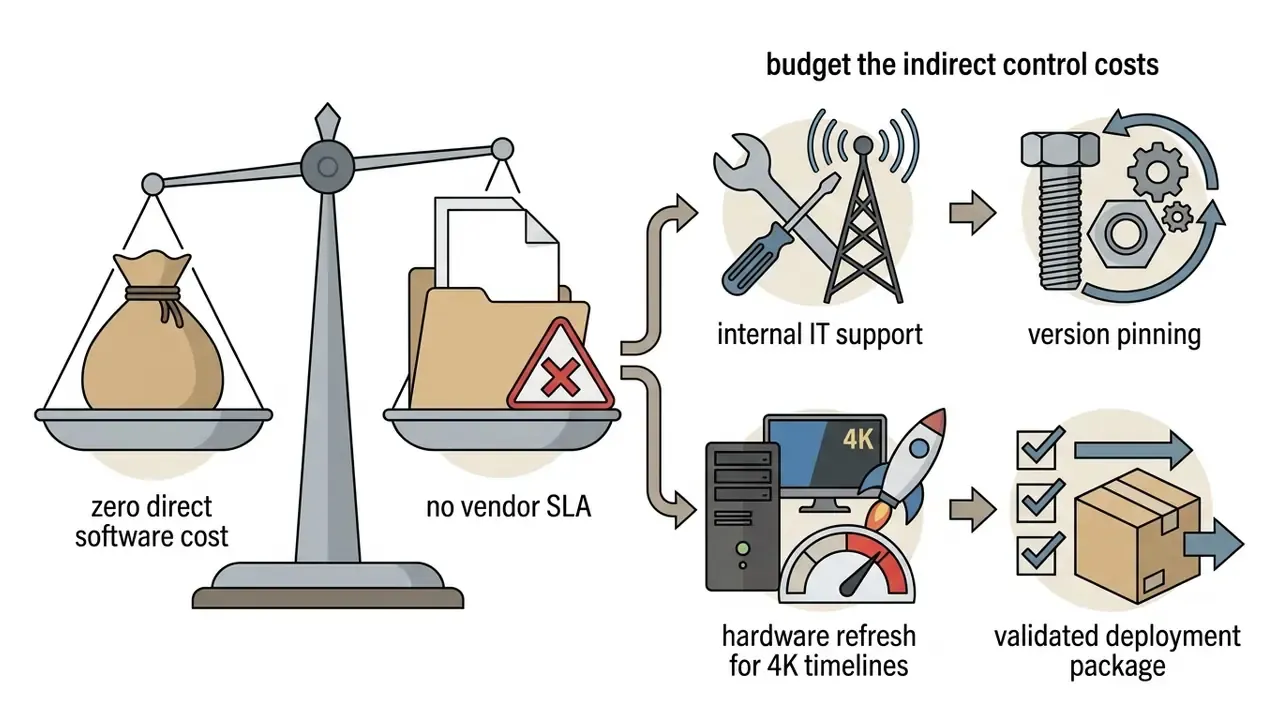 Balance scale showing zero software cost versus no vendor SLA leading to indirect IT and hardware expenses