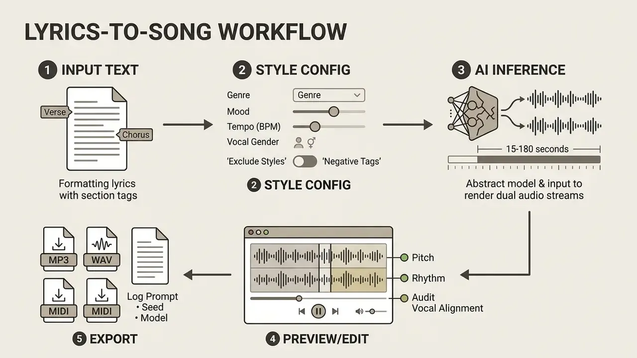 Step-by-step diagram showing how an ai song maker converts formatted lyrics into audio files and exports