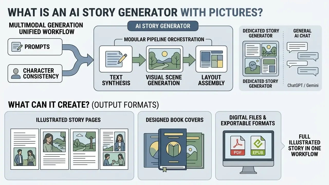 Infographic showing an AI story generator workflow that creates illustrated pages and exportable files