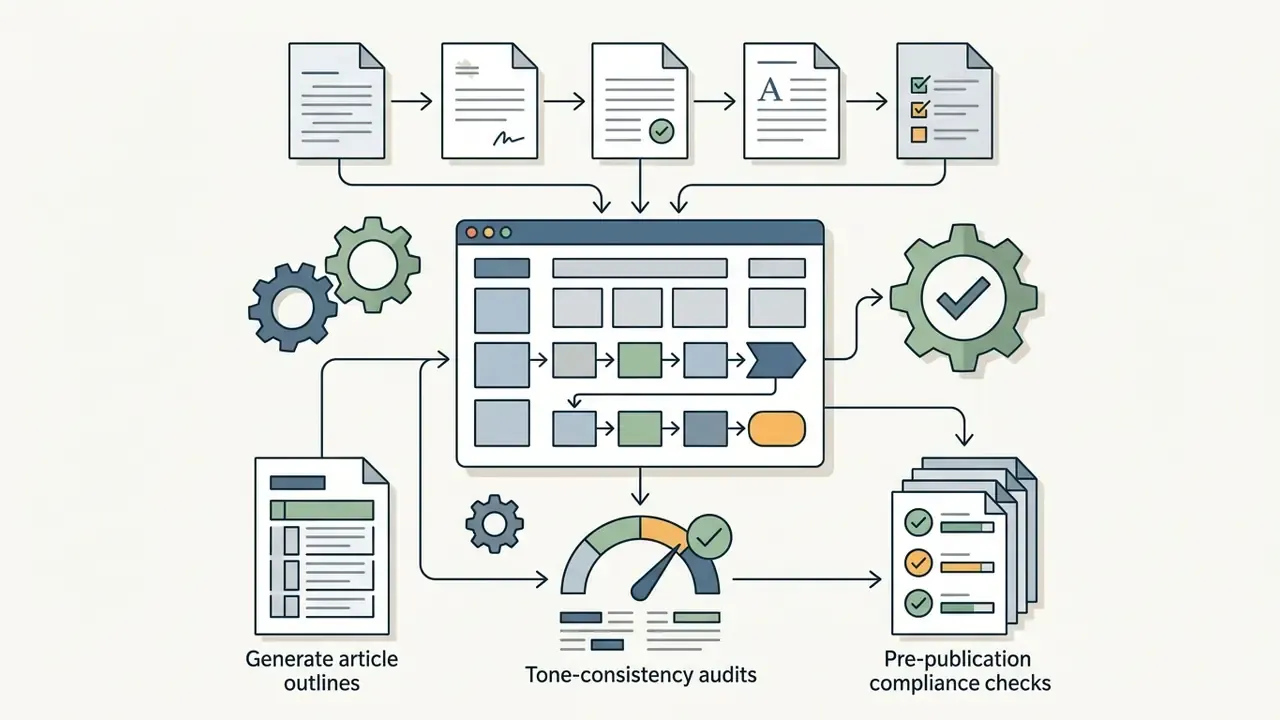 Documents flowing through a central interface to produce outlines, audits, and compliance reports
