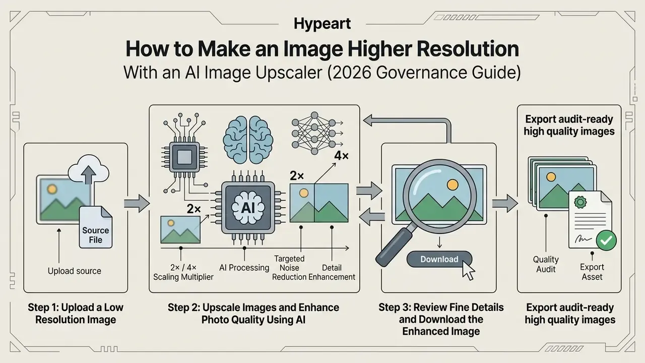 Process flow showing how to make an image higher resolution through AI upscaling and quality auditing