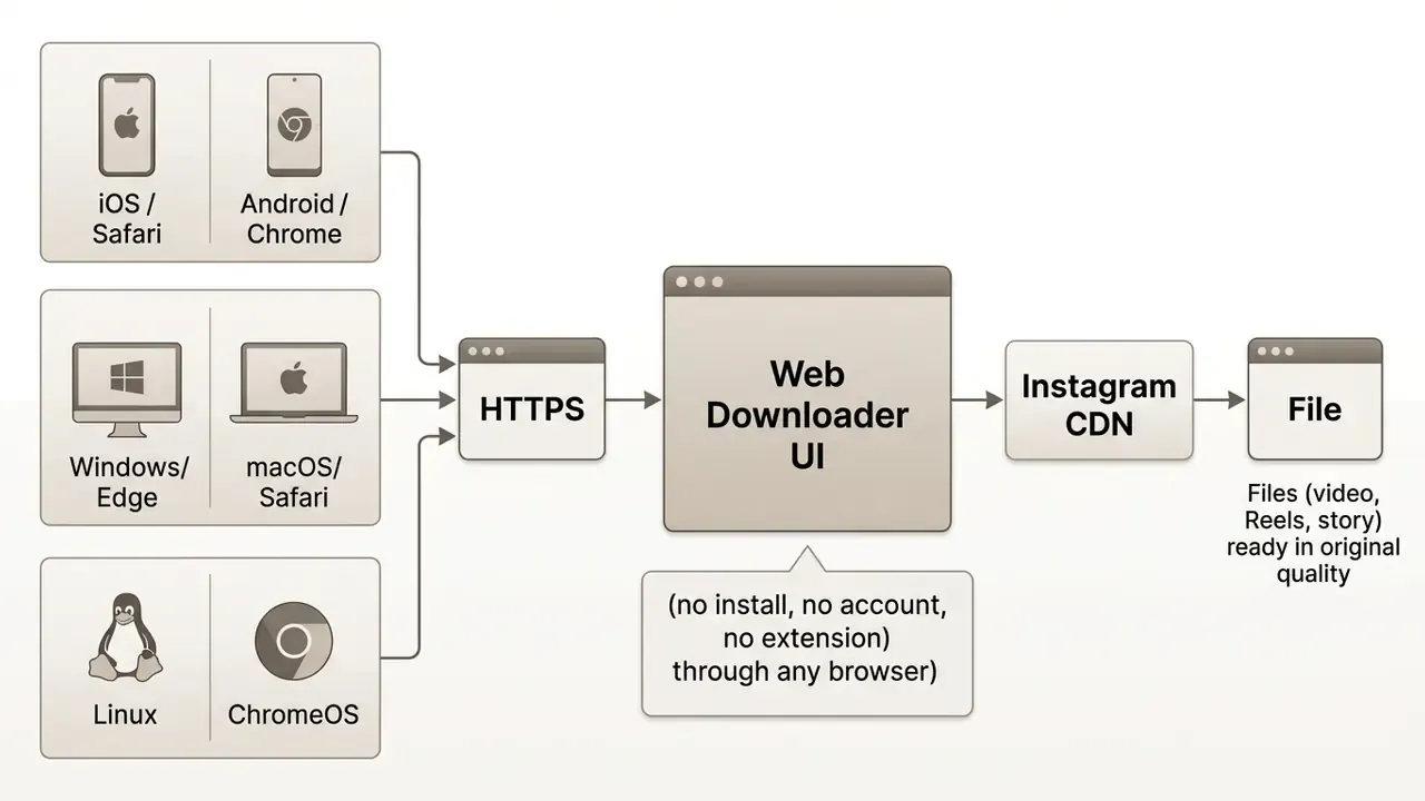 Diagram showing cross-platform compatibility for an Instagram video downloader online via web browsers