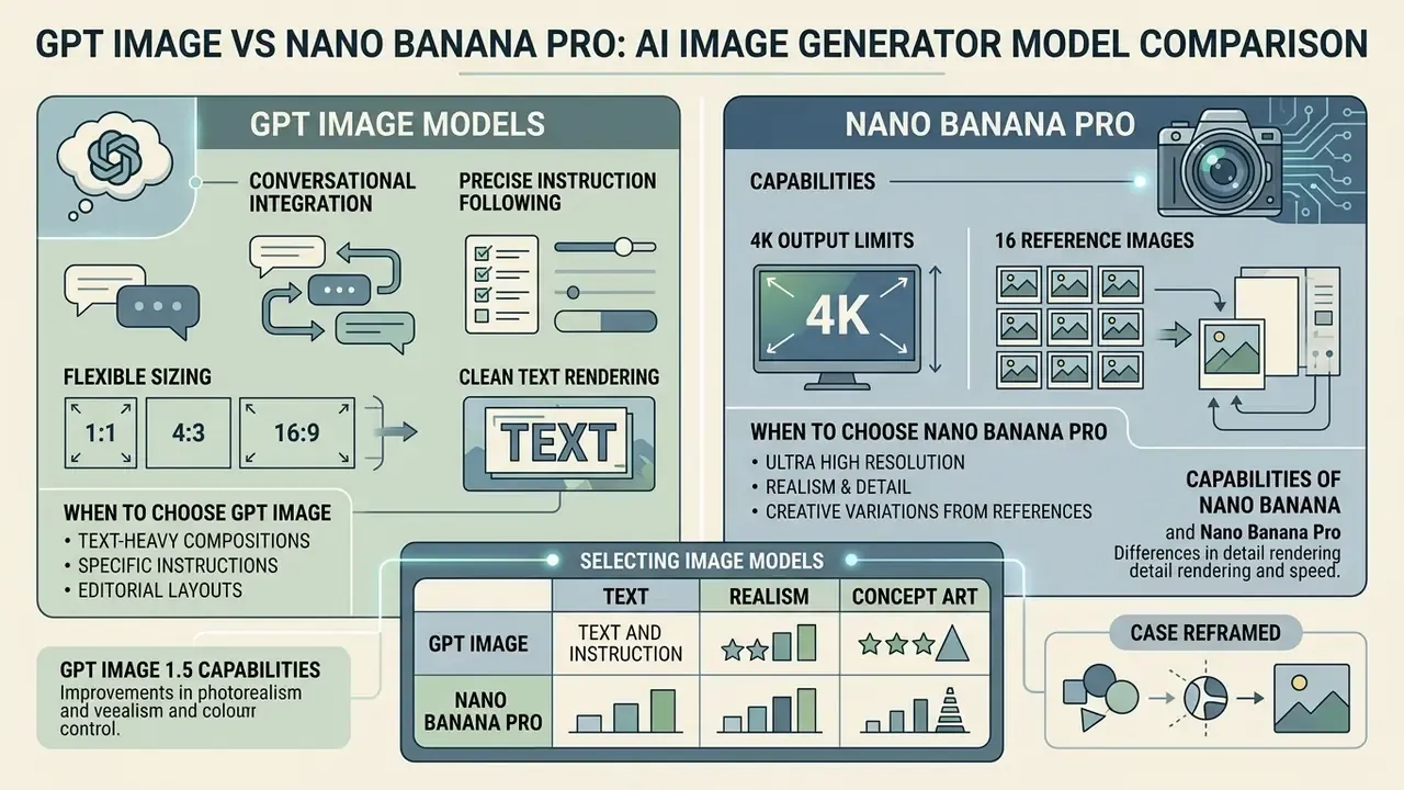Comparison table displaying features, capabilities, and selection criteria for two distinct AI image models