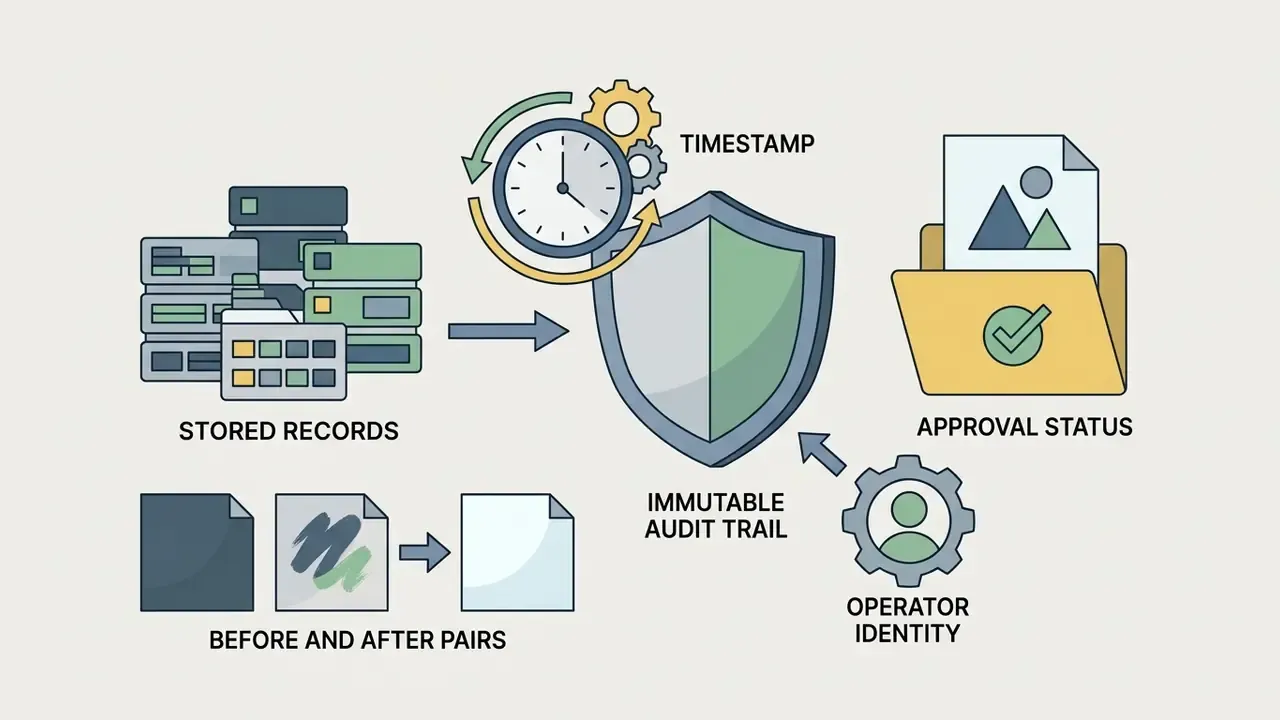 Records and image pairs flowing through a shield to generate a timestamped audit trail with operator approval