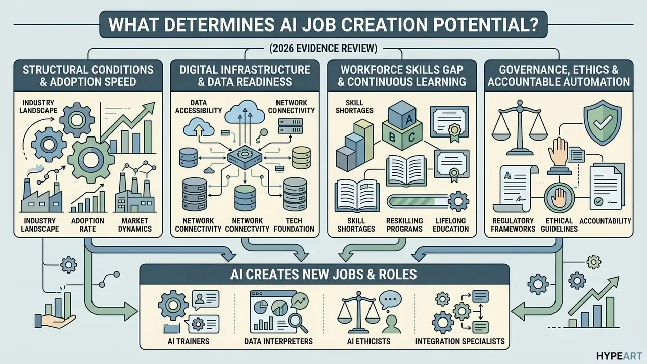 Four pillars showing structural, digital, workforce, and governance factors that influence AI job creation