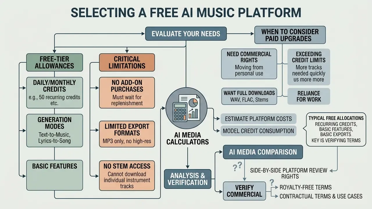 Decision flowchart comparing free-tier allowances, platform limitations, and paid upgrade considerations