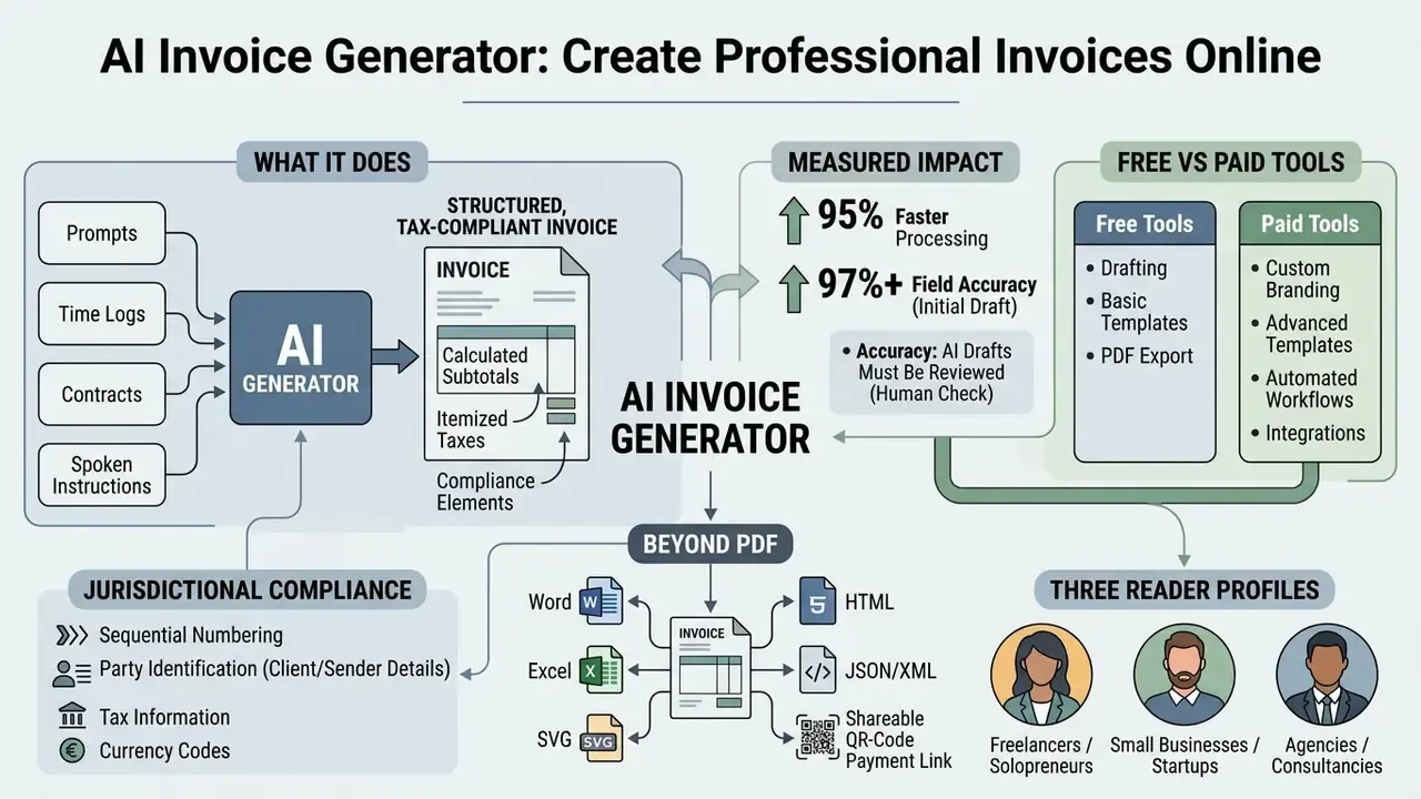 Infographic showing how an AI invoice generator processes inputs into structured documents and formats