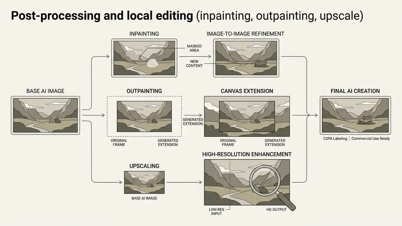 Diagram showing the workflow for inpainting, outpainting, and upscaling an AI art generator image