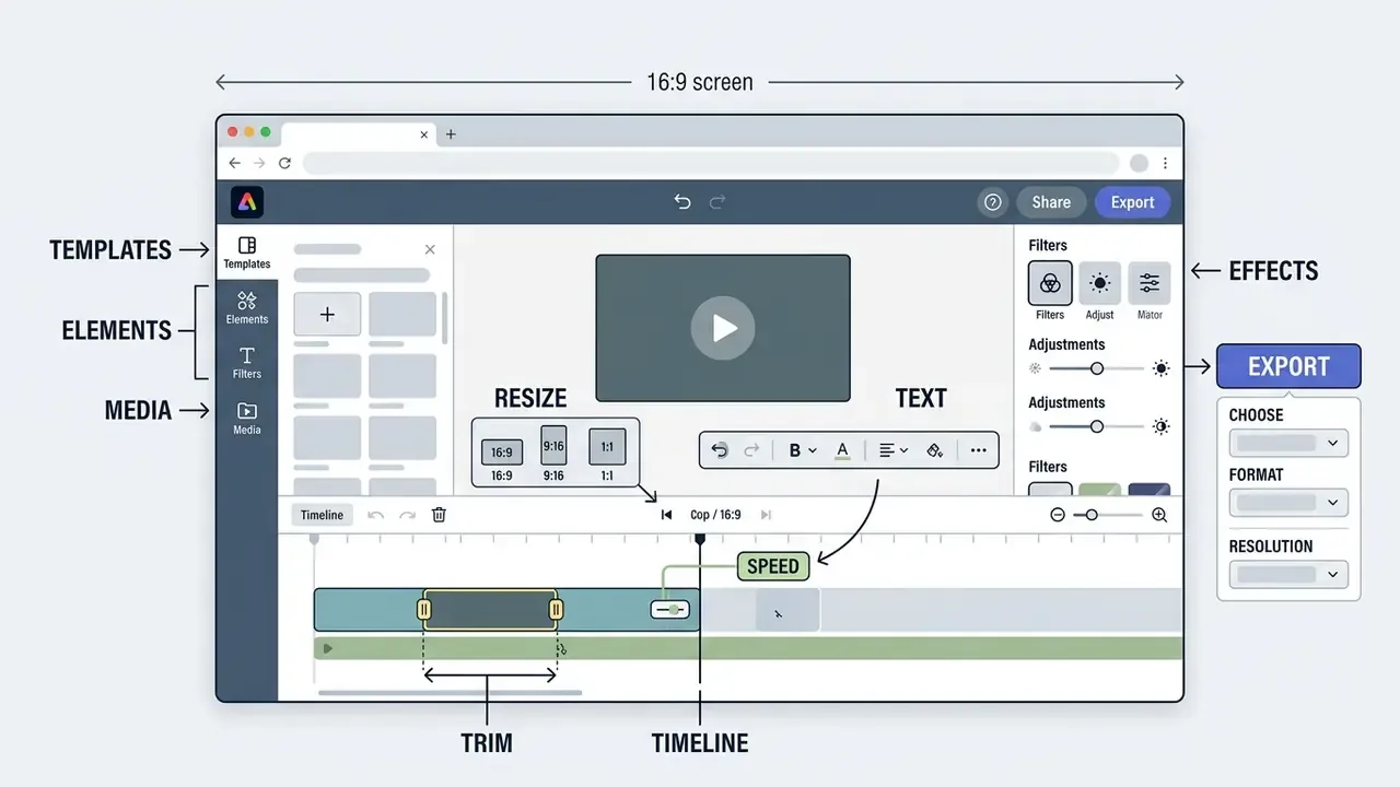 adobe video editor browser interface showing trimming, templates and export in Adobe Express.