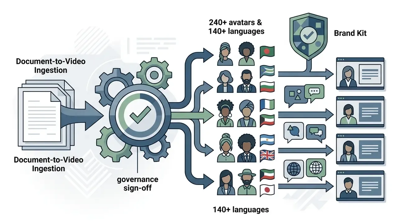 Diagram showing document-to-video ingestion processing into diverse avatars and branded video content