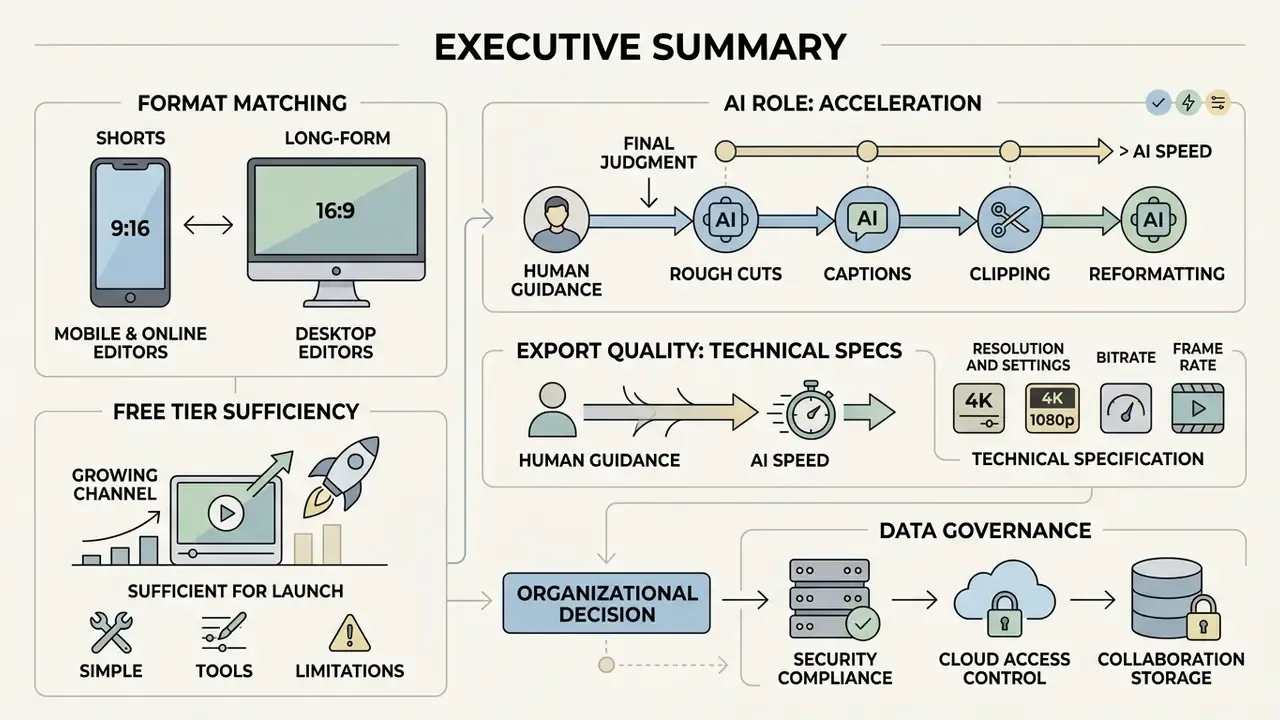 Infographic showing how to choose a YouTube video editor based on format, AI acceleration, and data governance