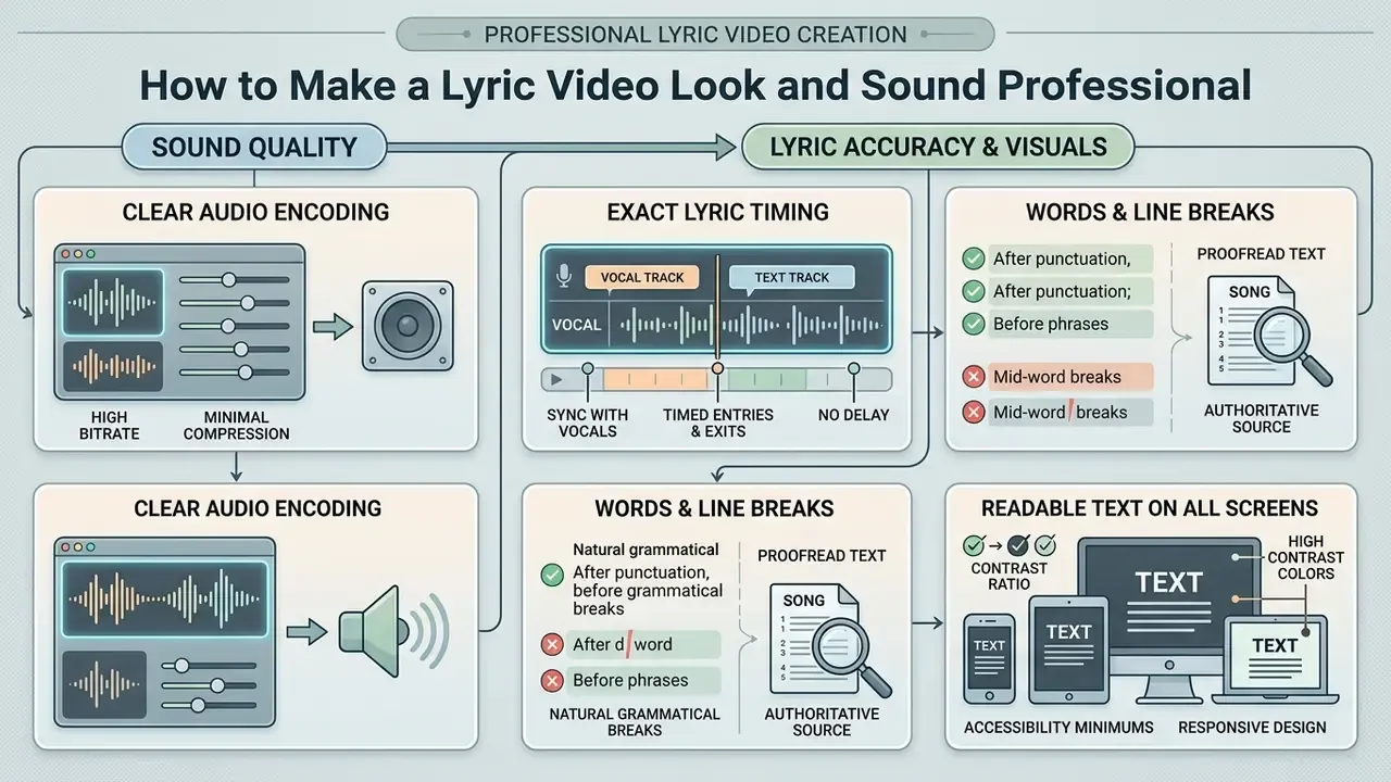 Diagram detailing audio encoding, precise lyric synchronization, and visual formatting for music videos