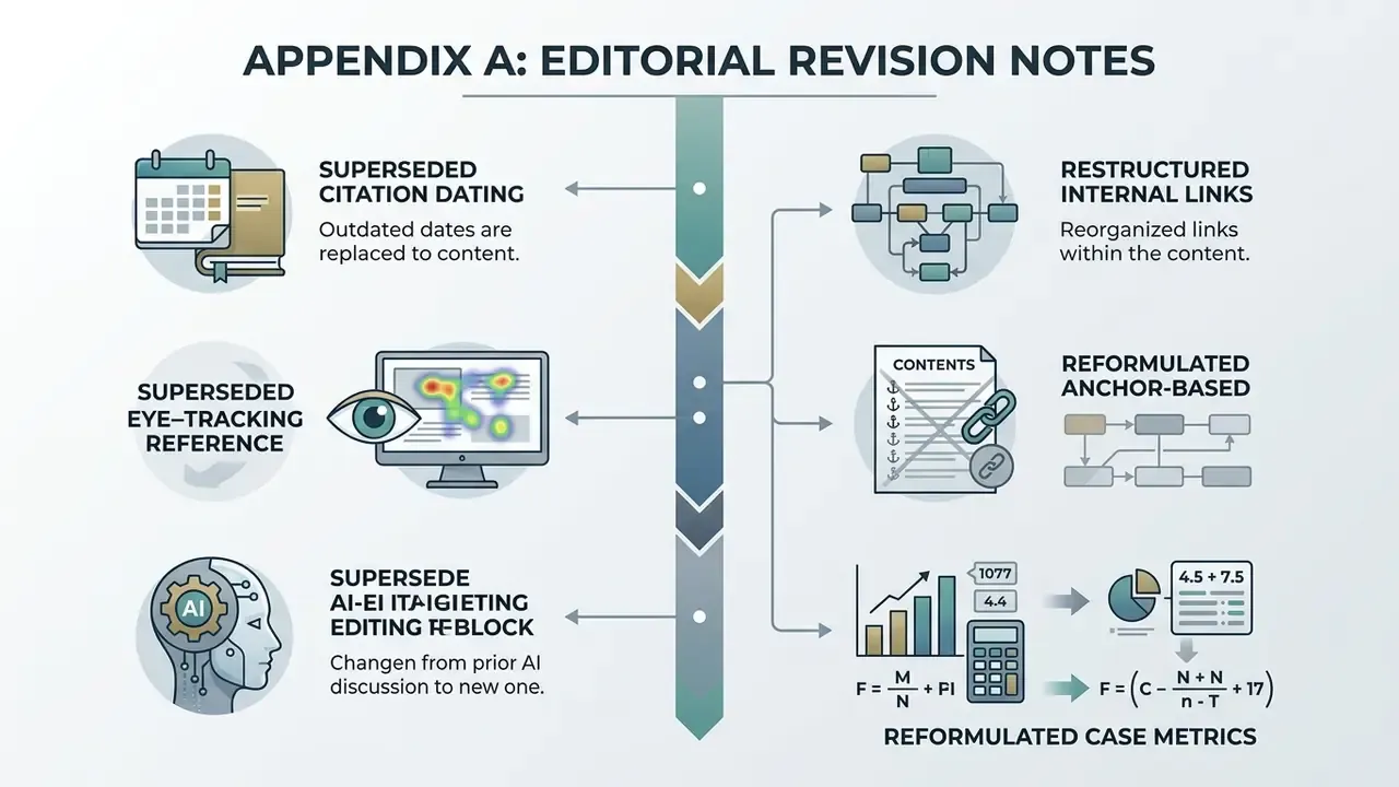 Timeline summary of editorial revisions including updated citations, link structures, and case metrics