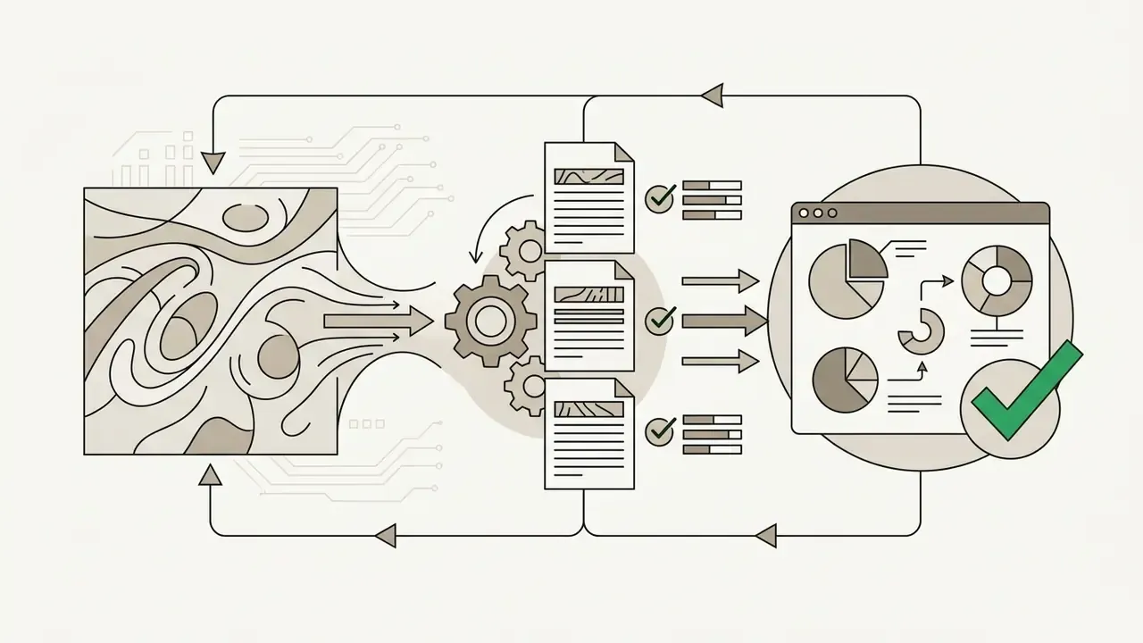 Abstract patterns flowing through gears to verify documents and update a dashboard with pie charts