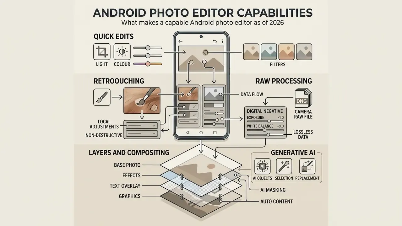 Infographic showing an Android photo editor interface with tools for retouching, RAW, and AI layers