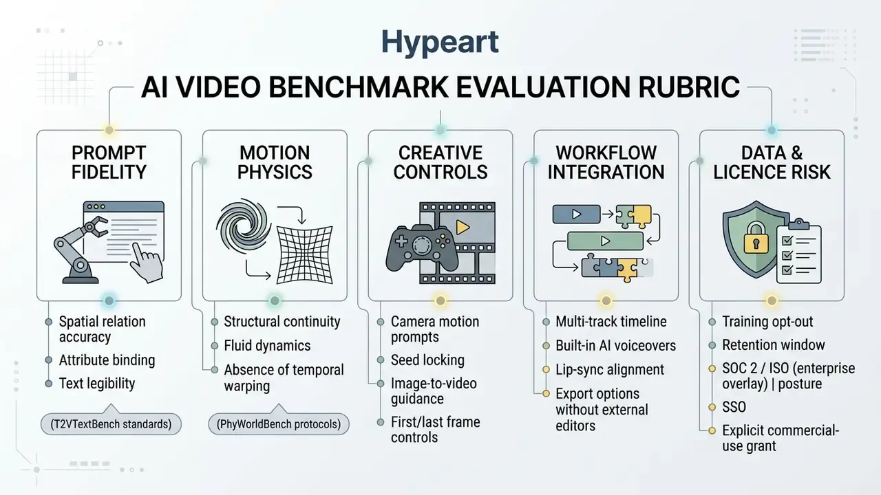 Five columns outlining criteria for evaluating AI video tools including fidelity, physics, and controls