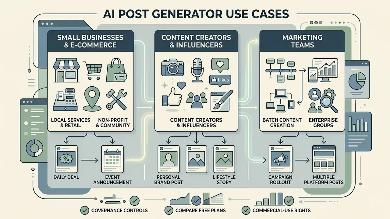 Infographic mapping content generation workflows for small businesses, influencers, and marketing teams
