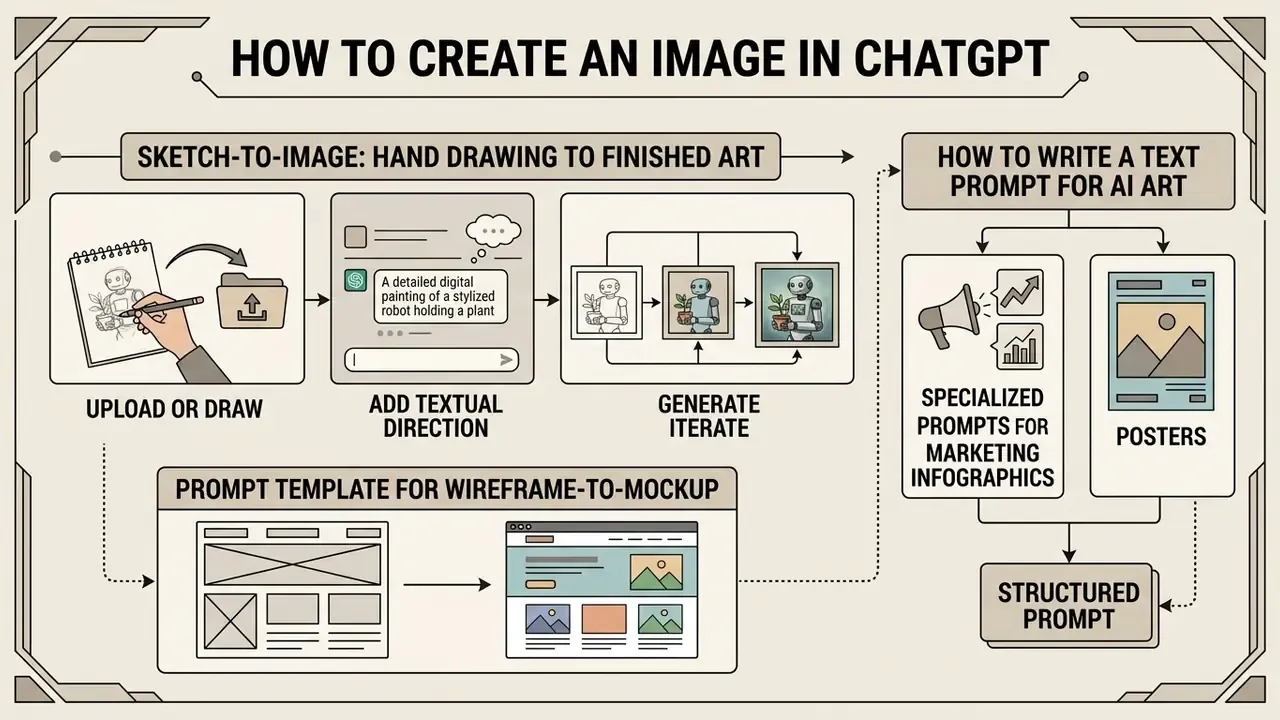 Step-by-step flowchart showing how to transform sketches into digital art and create structured prompts