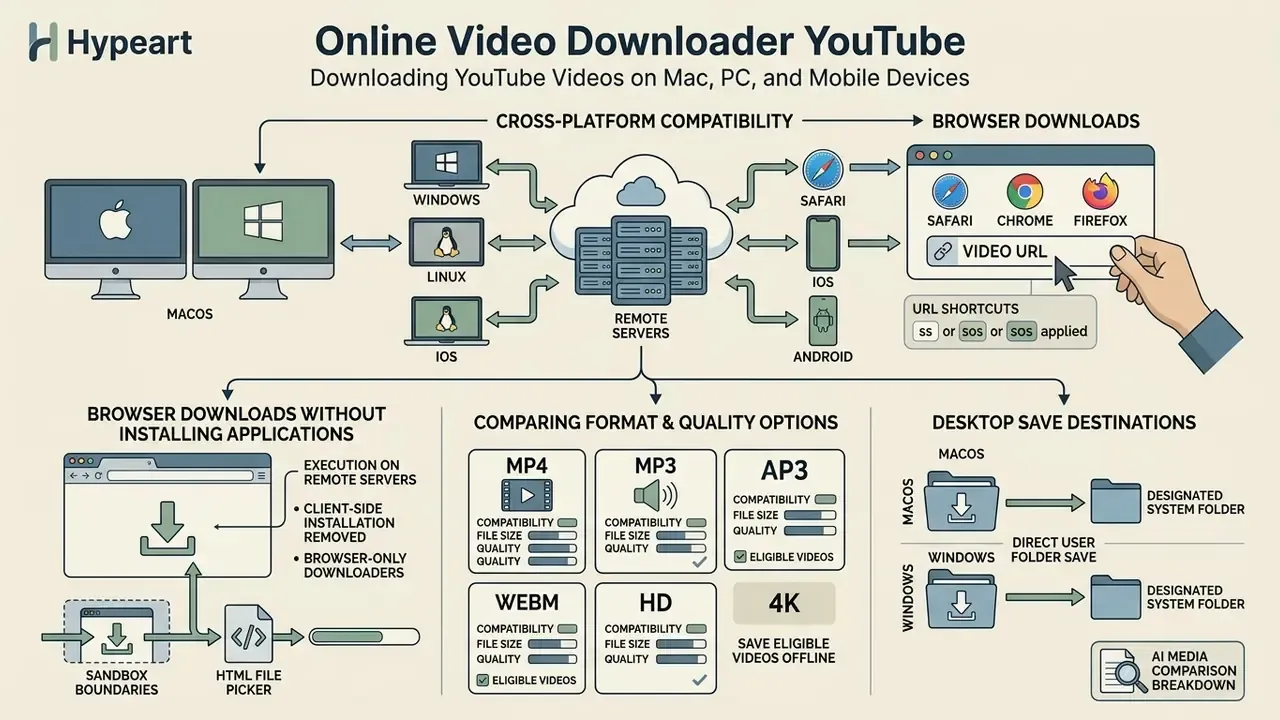 Flowchart illustrating how web-based tools process media files across various operating systems and browsers