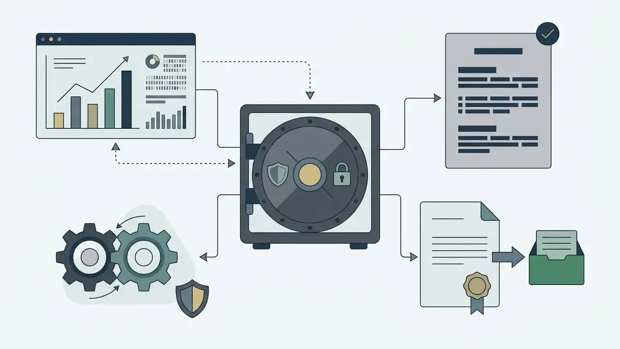 Central vault connected to data charts, legal documents, and mechanical gears representing data protection