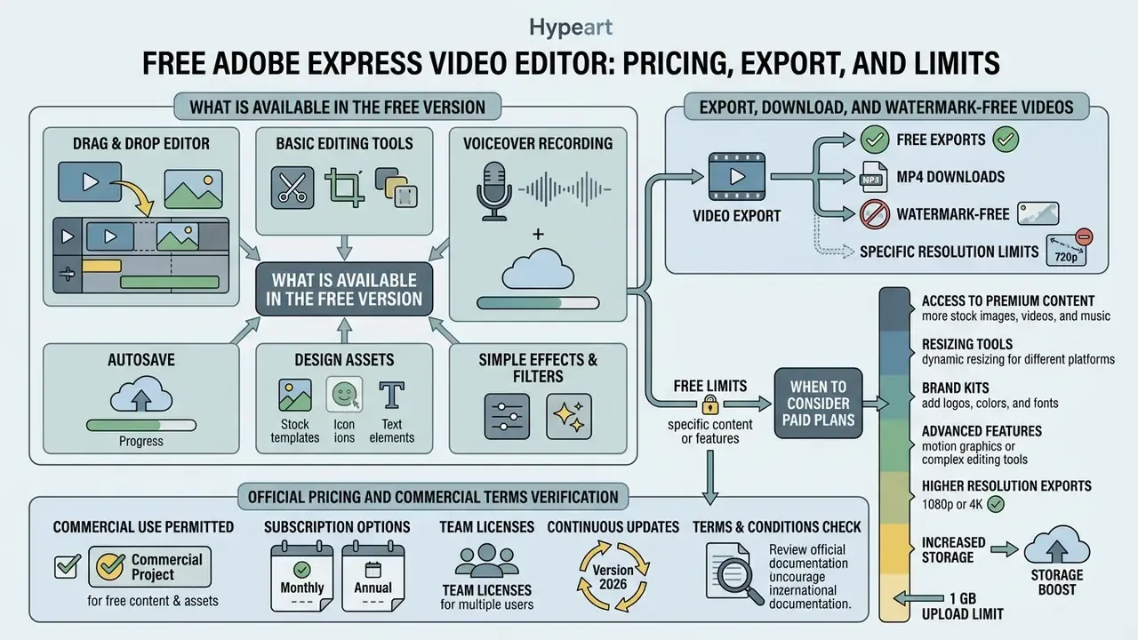 Infographic summarizing free Adobe Express video editor features, export capabilities, and paid plan benefits