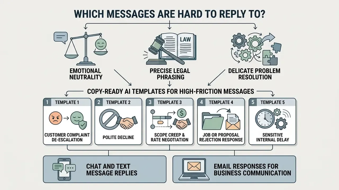 Infographic showing five AI templates for resolving complex communication challenges in business