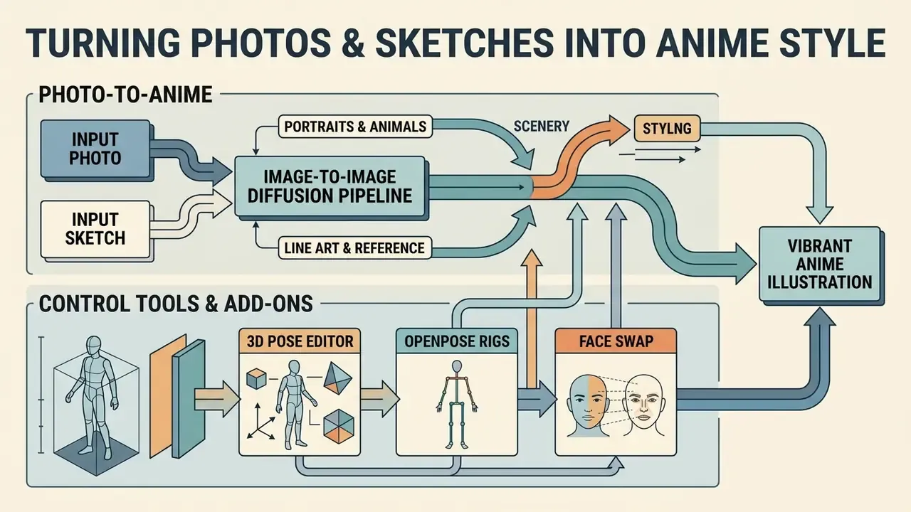 Process diagram showing how an anime AI art generator converts photos and sketches into styled illustrations