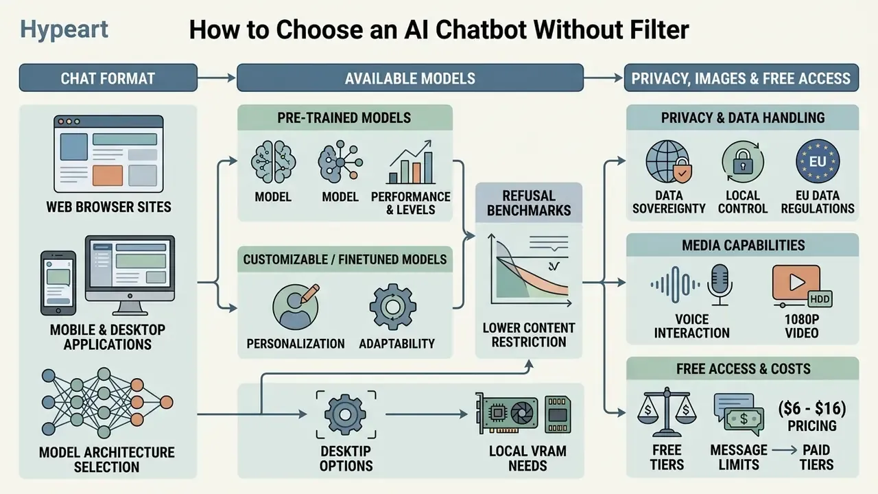 Infographic mapping criteria for selecting unfiltered AI tools including model types and hardware requirements